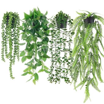 Der Rose 4 Pack Fake Plants Hanging with Pots Artificial Ivy Vine Faux Eucalyptus Hanging Plants, Boston Fern, String of Pearls for Home Room Wall Shelf Indoor Outdoor Decor