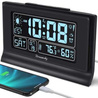 DreamSky Alarm Clocks for Bedrooms with Battery Backup, Auto Set Digital Clock with Date and Day of Week, Indoor Temperature Humidity, Moon Phase, Dimmer, Auto DST, USB Port