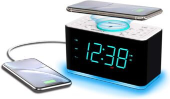 Emerson ER100401 Smartset 15Watt Ultra Fast Wireless Charging Dual Alarm Clock Radio with Bluetooth Speaker, USB Charger, Cyan LED Night Light and 1.4" Display