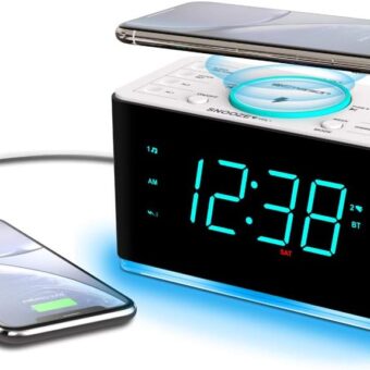 Emerson ER100401 Smartset 15Watt Ultra Fast Wireless Charging Dual Alarm Clock Radio with Bluetooth Speaker, USB Charger, Cyan LED Night Light and 1.4" Display