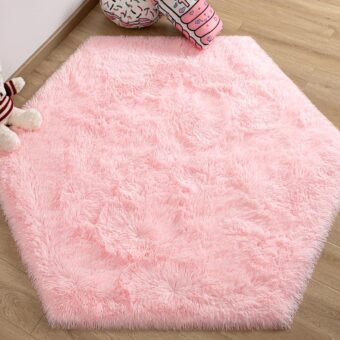 EVOIONOS Pink Hexagon Rug for Princess Tent, Fluffy Area Rug for Kids Room, 4x4.6 Feet for Girls Tent, Furry Soft Nursery Rug, Fuzzy Plush Carpet for Teen Girls Bedroom