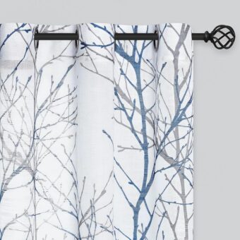 FMFUNCTEX Linen Semi Sheer Curtains for Bedroom, Blue White Curtains 84 Inches Long for Living Room, Grey Tree Branch Patterned Curtain Light Filtering Farmhouse Window Drapes,...