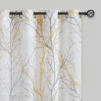 FMFUNCTEX Linen Semi Sheer Curtains for Bedroom, Yellow White Curtains 84 Inches Long for Living Room, Grey Tree Branch Print Curtain Light Filtering Farmhouse Window Drapes,...