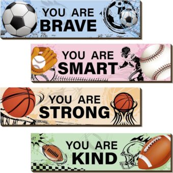 Geetery 4 Pcs Sport Bedroom Wall Decor Boys Room Decor for Kids Soccer Basketball Baseball Football Wall Art Inspirational Wooden Hanging Sign for Boys Girls Kids Nursery...