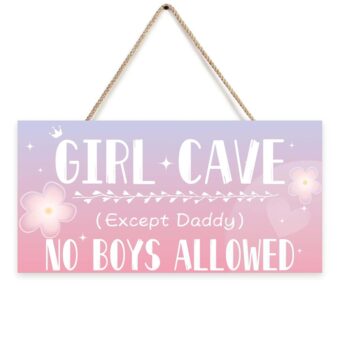 Girl Cave Sign, 12"x6" Cute and Funny Girl Cave Hanging Wooden Door Sign Wall Decor, Kids Room Signs for Door, No Boys Allowed Sign, Room Decor for Teen Girls (Purple)