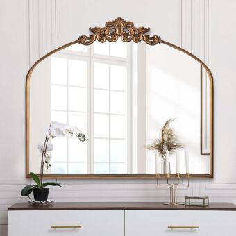 Gold Traditional Arched Mirror, Antique Brass Mirror, Ornate Baroque Mirror, Vintage Carved Mantel Mirrors for Bathroom Bedroom Entryway, 36"x30"