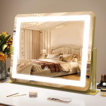 Gold Vanity Mirror Makeup Mirror with Lights, Large Lighted Vanity Mirror, Light Up Mirror with Smart Touch 3 Colors Dimmable, Tabletop Mirror for Makeup Desk, 360° Rotation,...