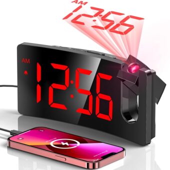 GOLOZA Projection Alarm Clock, Digital Clock with Modern Curved Design 180° Rotatable Projector, 3-Level Brightness Dimmer, Clear Red LED Display, Progressive Volume, 9mins...