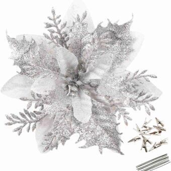 GREENTIME 12 Pcs Glitter Poinsettia 5.5" Artificial Flowers Christmas with Clips Stems Xmas Tree Ornaments for Wedding Party Wreath Decoration (Silver)