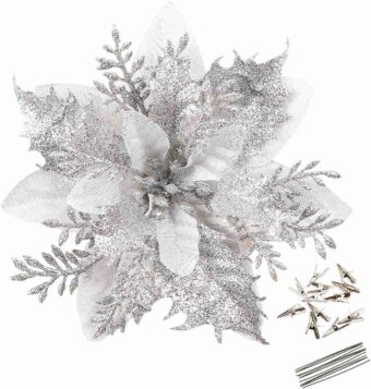 GREENTIME 12 Pcs Glitter Poinsettia 5.5" Artificial Flowers Christmas with Clips Stems Xmas Tree Ornaments for Wedding Party Wreath Decoration (Silver)