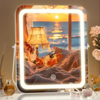 Hasipu Vanity Mirror with Lights, 10" x 12" LED Makeup Mirror, 3 Modes Light, Smart Touch Control Dimmable, 360°Rotation, Rectangle White Frame