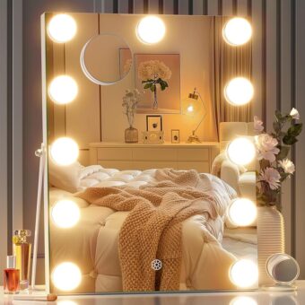 Hasipu Vanity Mirror with Lights, 11" x 14" Hollywood Mirror, Makeup Mirror with 11 Dimmable Bulbs, 3 Colors Modes, Touch Control, 360° Rotation, White