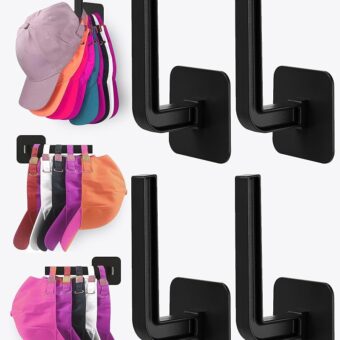 Hat Rack for Hat Storage (4-Pack), Multi-Purpose Hat Organizer, Strong Adhesive Hat Hooks for Wall Hat Organizer for Baseball Caps, Two Mounting Options Hat Hook, Black