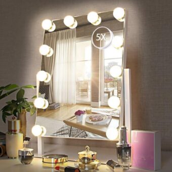 HIEEY Hollywood Vanity Mirror with 12 Dimmable Bulbs Lights, Three Color Lighting Modes, and 5X Magnification, Smart Touch Control, 360°Rotation (White,Gift Box)