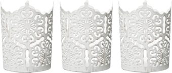 Hosley Set of 3 White Wash Diamond Cut Candle Holders 4 Inches High Elevate Decor with Elegant Metal Candle Holders in a Value Pack