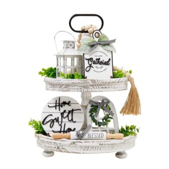 Houmury Set of 16 Farmhouse Tiered Tray Decor with 1 Lantern Artificial Plant& Cutting Board Sign for Rustic Home Kitchen Decor Tier Tray Decor Set (Tiered Tray Not Included)