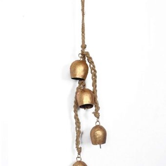 Iron Wrought Bell Chime Handmade Brass Finish Wall Hanging Rope 4 Bell