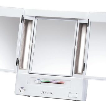 JERDON Tri-Fold Two-Sided Makeup Mirror with Lights - Vanity Mirror with 5X-1X Magnification & Multiple Light Settings - White - Model JGL9W