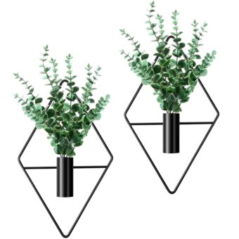 Jexine 2 Pcs Hanging Planters with Artificial Plants Metal Hanging Vase Indoor Plants Holder Modern Geometric Boho Wall Decor for Living Room Home Office(Black, Eucalyptus)