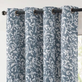 jinchan 100% Blackout Curtains for Bedroom, Blue Scroll Floral Patterned Curtains 63 Inch Length for Living Room, Farmhouse Vintage Art Deco Drapes, Thermal Insulated Window...