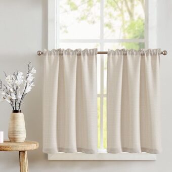 jinchan Kitchen Curtains Tier Curtains for Living Room Light Heathered Beige Linen Textured Cafe Curtains Bathroom Farmhouse Country Light Filtering Short Window Curtain Rod...