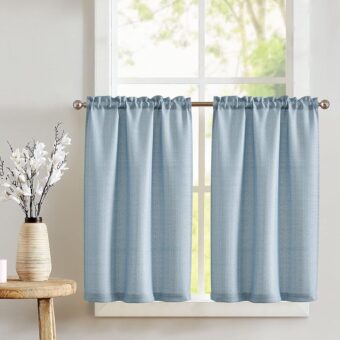 jinchan Kitchen Curtains Tier Curtains for Living Room Light Heathered Blue Linen Textured Cafe Curtains Bathroom Farmhouse Country Light Filtering Short Window Curtain Rod...