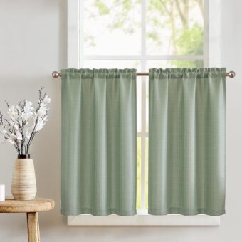 jinchan Kitchen Curtains Tier Curtains for Living Room Light Heathered Green Linen Textured Cafe Curtains Bathroom Farmhouse Country Light Filtering Short Window Curtain Rod...