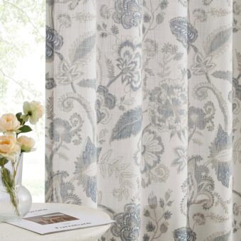 Kayne Studio Backtab Rod Pocket Jacobean Floral Semi Sheer Curtains Boho Botanical Leaf Printed Vintage Farmhouse Blue Grey Light Filtering Window Treatment Sets Living Room...