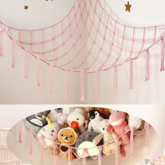 Large Stuffed Animal Storage Hammock Corner Net - Pink Room Decor for Teen Girls - Toys Storage Hanging Stuff Animal Organizer Holder Cute Stuff - Boho Nursery Dorm Bedoom Decor...