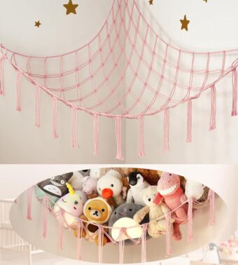 Large Stuffed Animal Storage Hammock Corner Net - Pink Room Decor for Teen Girls - Toys Storage Hanging Stuff Animal Organizer Holder Cute Stuff - Boho Nursery Dorm Bedoom Decor...