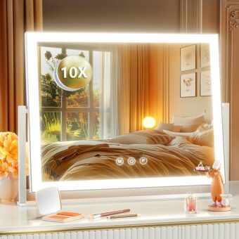 Lighted Makeup Mirror, 17.3"x13" Hollywood Vanity Mirror with Led Lights, Three Color Lighting Modes, and 5X Magnification Mirror, Smart Touch Control, 360°Rotation (White, Gift...