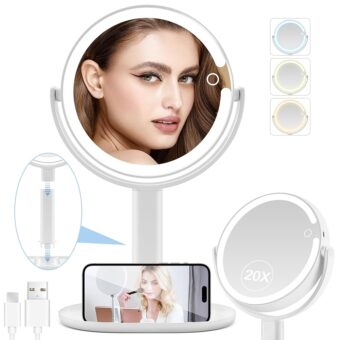 Lighted Makeup Mirror, 20X Magnifying Mirror with Light and Adjustable Brightness, Vanity Mirror with 3 Color Light, 2-Sided Mirror for Desk, Detachable Travel Makeup Mirror...