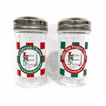 Little Nero's Pizza Novelty Mini SHAKER JARS | Set of 2 Empty- Fill Yourself with Parmesan Cheese & Hot Pepper Flakes | HOME Alone Movie Party Decor