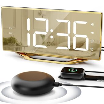 Loud Alarm Clock for Heavy Sleeper, 2 Alarms Big Display Clock with Bed Shaker for Hard of Hearing Deaf,Plug in Bedroom Mirror Clock,Phone Charger,Dimmer,Simple Digital Clock...