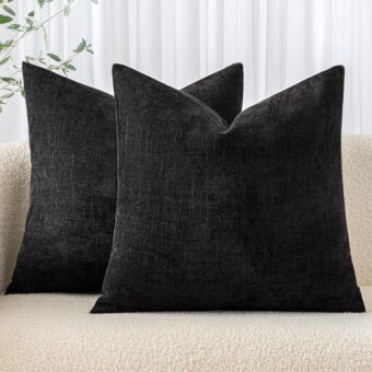 MIULEE Pack of 2 Decorative Throw Pillow Covers Soft Chenille Throw Pillows Solid Textured Cushion Covers for Couch Sofa Bedroom Living Room 20x20 Inch, Black