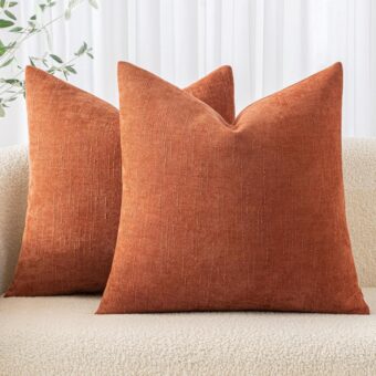 MIULEE Pack of 2 Fall Decorative Throw Pillow Covers Soft Chenille Throw Pillows Solid Textured Cushion Covers for Couch Sofa Bedroom Living Room 20x20 Inch, Burnt Orange