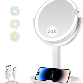 MIYADIVA Makeup Mirror with Lights, 20X Magnifying Mirror with Light and Touch Switch, Vanity Mirror with 3 Color Light and 80 LEDs, 2-Sided Desk Mirror with Light 8.8 Inches