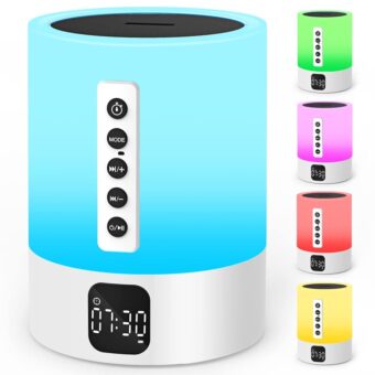 Night Light Bluetooth Speaker Alarm Clock, Sound Machine with White Noise, Touch Bedside Lamp, Dimmable Warm White Light, 48 RGB Color Changing, Ideal Gifts for 10-15 Year Old...