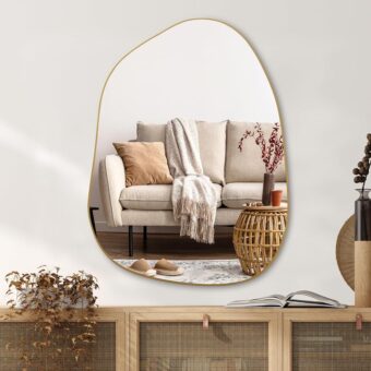 PERFNIQUE Irregular Wall Mirror Asymmetrical Mirror, 32''x24'' Golden Wood Framed Mirror for Bathroom Bedroom Living Room Entryway, Decorative Modern Wall Decor, Wall Mouted...