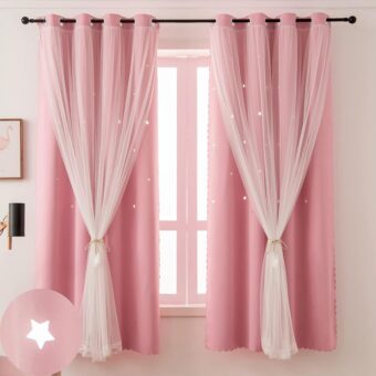 Pink Curtains for Girls Bedroom 2 Panels Cutout Blackout Curtains 63 Inch Length Kids Curtains & Drapes Double Layer Nursery Curtains Baby Room Decor Star Curtains with Tulle