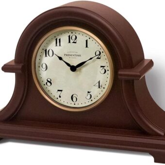 Presentime & Co. Mantel Clock Vintage Farmhouse Series, Napoleon Desk & Shelf Clock, 13 x 10 inch, Domed Lens, Quartz Movement, ABS Plastic Case, Walnut Brown Finish...