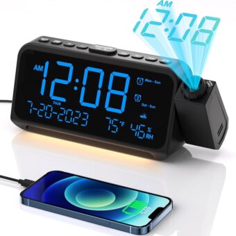 Projection Alarm Clock for Bedroom, Alarm Clock with 350° Rotatable Projector, 5 Brightness, Dual Alarm with Weekday/Weekend Mode, Temp & Humidity, Snooze, Bedside Alarm Clock...