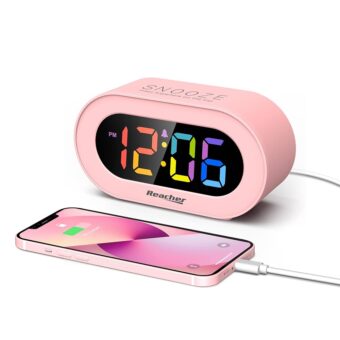 REACHER Pink Girls Alarm Clock, Dimmable Colorful LED Digital Display, USB Phone Charger Port, Simple Operation for Kids, Adults, Adjustable Volume, Snooze, Small Size for...