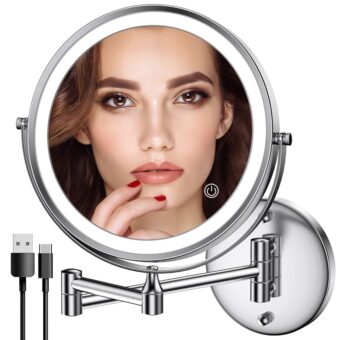 Rechargeable Wall Mounted Lighted Makeup Mirror Chrome, 8 Inch Double-Sided LED Vanity Mirror 1X/10X Magnification,3 Color Lights Touch Screen Dimmable 360°Swivel 13 Inch...