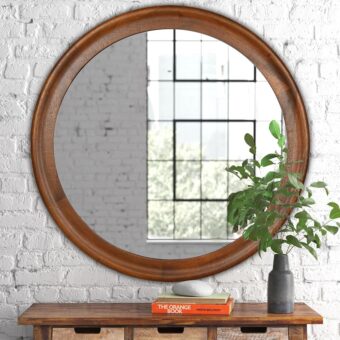 Round Wood Mirror for Wall,36 Inch Circle Decorative Mirror with Walnut Frame,Rustic Bathroom Hanging Vanity Mirror for Entryway,Bedroom or Living Room