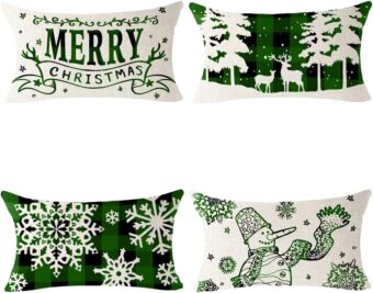 Set of 4 Woods Snowflake Moose Deer Animal Merry Christmas Blessing Gift for Family Home Cotton Linen Decorative Throw Pillow Cover Cushion Case 12x20 inches