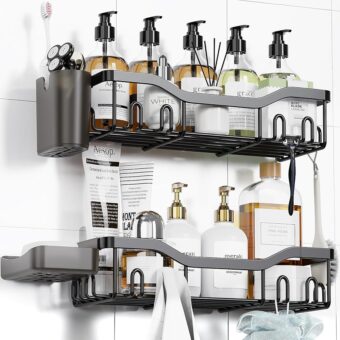 Shower Caddy Adhesive Shower Organizer Bathroom Shower Shelves, Wall Shelf for Inside Shower Storage with Soap Dish&16 Hooks, Rustproof Stainless Steel No Drilling Rack Home...