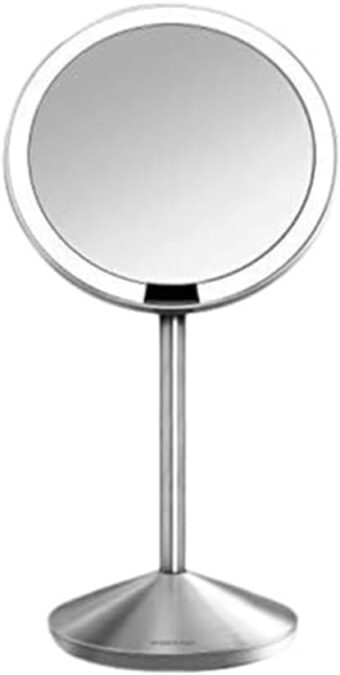 simplehuman Sensor Mirror, 5" Round Rechargeable Mini Travel Makeup Mirror, 10x Magnification, Brushed Stainless Steel