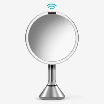 simplehuman Sensor Mirror, Lighted Makeup Mirror with Magnification (5X), 8" Round Magnifying Vanity Mirror with Lights, Cordless, Brushed Stainless Steel