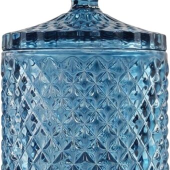 Sizikato Diamond Faceted Crystal Glass Candy Jar with Lid, Blue Decorative Jar, Jewelry Box, Cotton Swab Storage Holder.